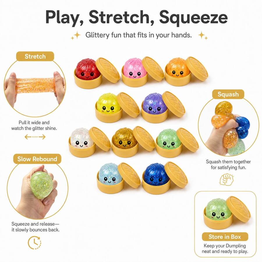 TPR Glitter Dough Bun Squeeze Toys – Slow Rebound Stress Relief Party Favors